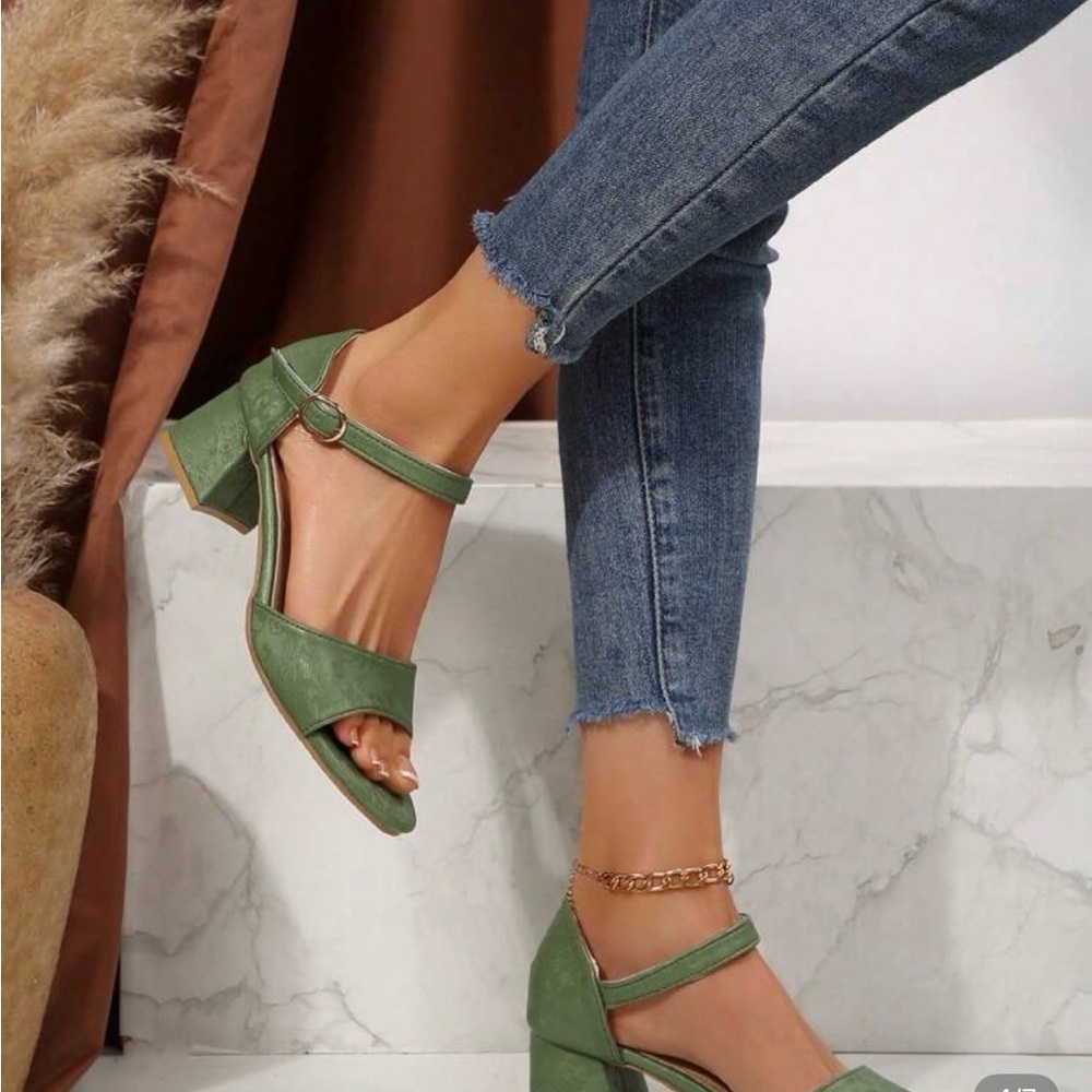 Green Floral Chunky Heels
